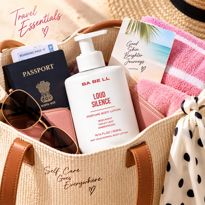 Babell Loud Silence perfume body lotion 300ml bottle in a travel bag beside a passport and towel