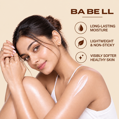 Babell No Rules body-care graphic showing a woman with lotion on her shoulder