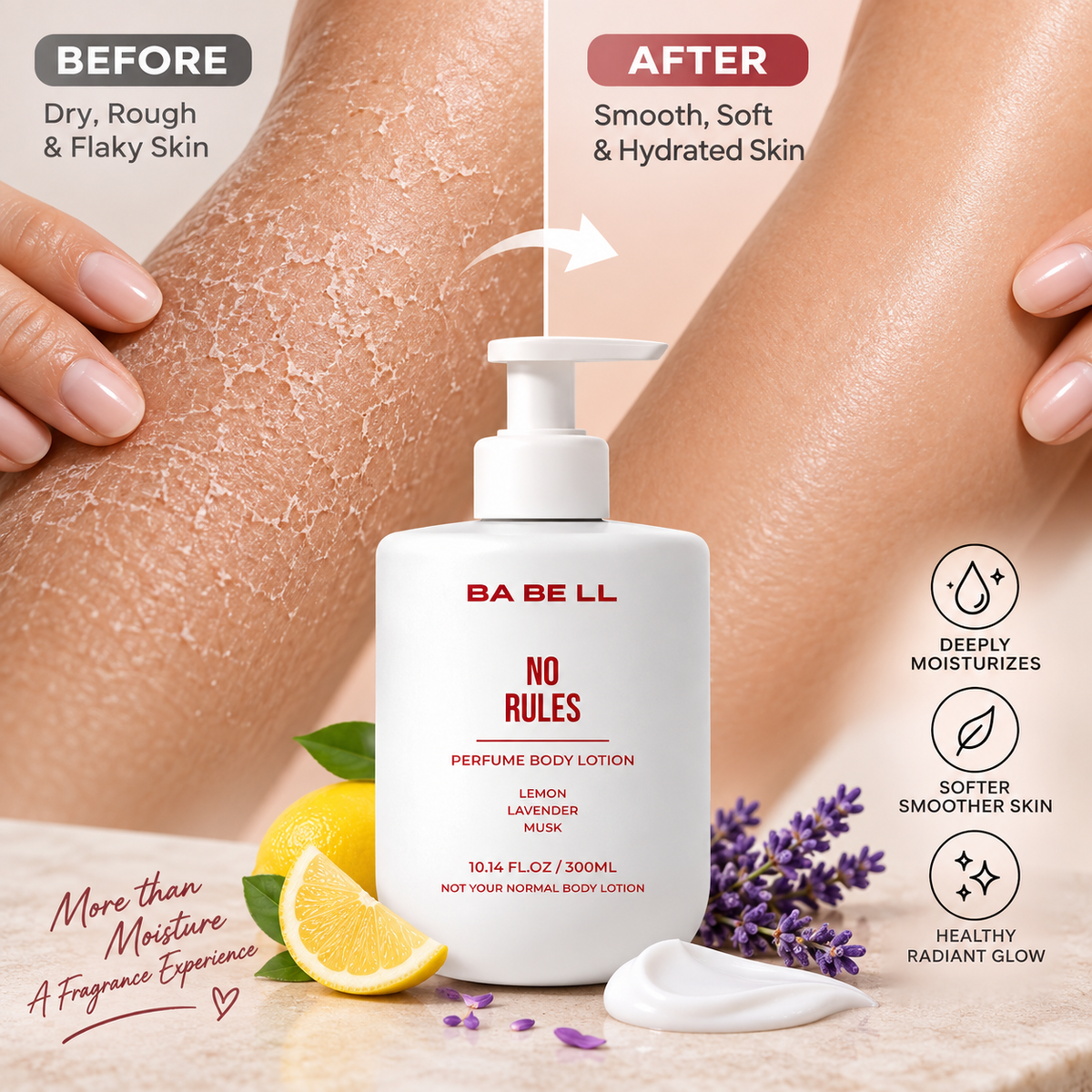 Babell No Rules perfume body lotion moisturising-care graphic showing dry and hydrated skin side by side