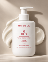 Babell No Rules perfume body lotion, 300ml white pump bottle with red label