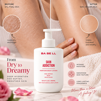 Babell Skin Addiction perfume body lotion moisturising-care graphic showing dry and hydrated skin side by side