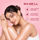 Babell Skin Addiction body-care graphic with lotion applied to a woman’s shoulder on a pink background