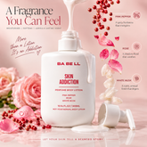 Babell Skin Addiction perfume body lotion scent illustration with pink pepper, rose petals and white musk