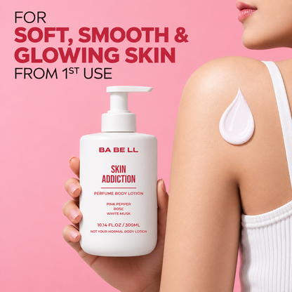 Woman holding Babell Skin Addiction perfume body lotion beside a drop of lotion on her shoulder
