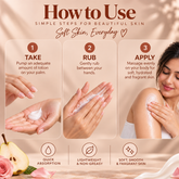 Babell Soft Sin perfume body lotion application guide: pump into palms, rub hands and massage over the body