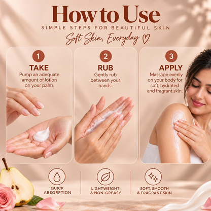 Babell Soft Sin perfume body lotion application guide: pump into palms, rub hands and massage over the body