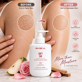 Babell Soft Sin perfume body lotion moisturising-care graphic showing dry and hydrated skin side by side