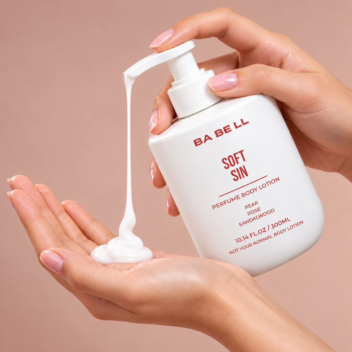 Babell Soft Sin perfume body lotion pump dispensing white lotion into a palm