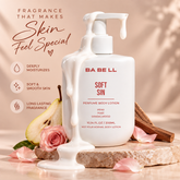 Babell Soft Sin perfume body lotion with lotion texture and pear, rose, sandalwood fragrance-note props