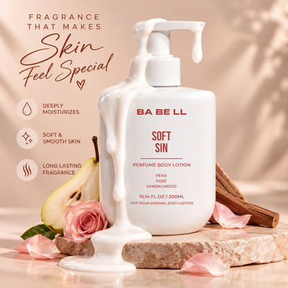 Babell Soft Sin perfume body lotion with lotion texture and pear, rose, sandalwood fragrance-note props