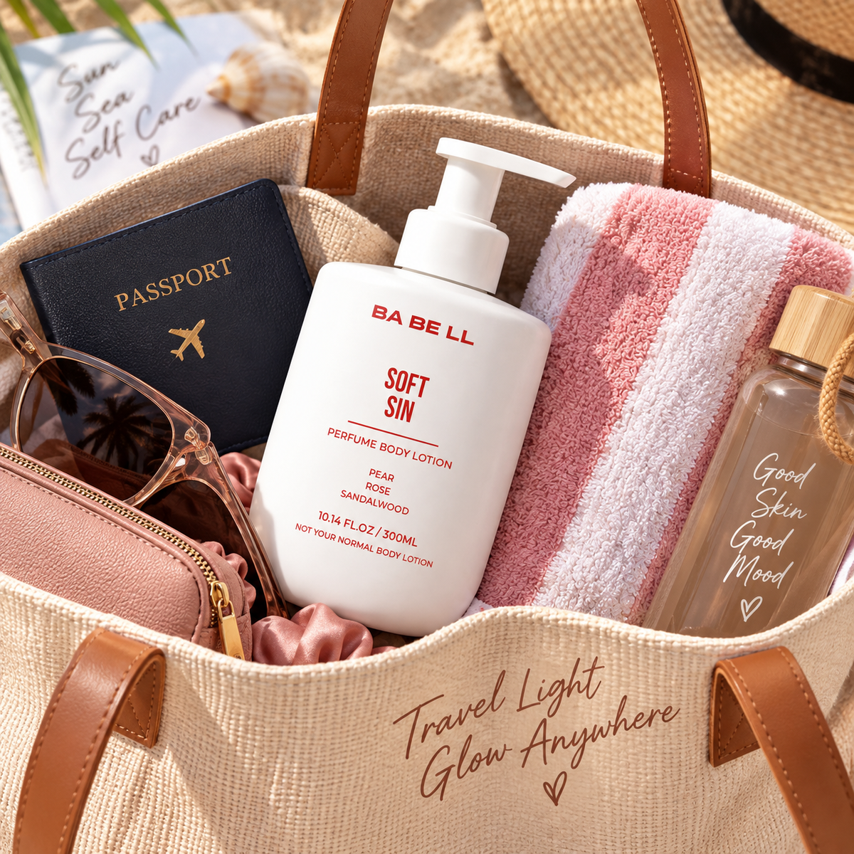 Babell Soft Sin perfume body lotion 300ml bottle in a travel bag beside a passport and towel