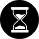 A minimalist white hourglass icon centered inside a solid black circle on a white background.