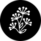 A minimalist white line-art illustration of a botanical branch with leaf-like stems and rounded flower clusters, centered inside a solid black circular frame on a white background.